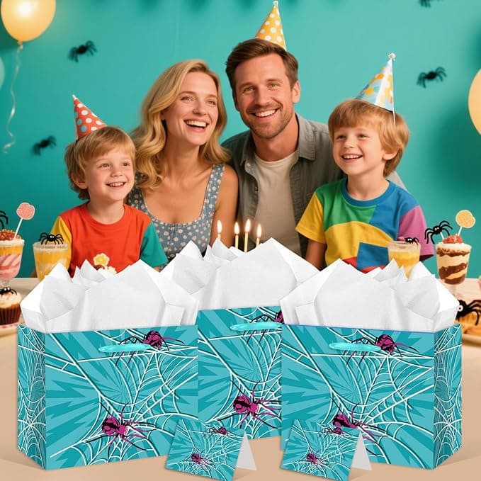 HZRNNA Blue Web Gift Bag, Large Birthday Gift Bag with Tissue Paper and Card for Halloween, Cosplay, and Birthday Party Decorations for Boy Girl