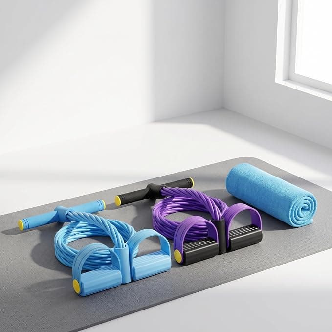 2 PackFoot Pedal Resistance Band, Blue & Purple 6-Tube Elastic Sit Up Pull Rope, Multifunctional Home Gym Equipment for Full Body Workout, Yoga, Abdomen, Waist, Arm & Leg Training for Women Men