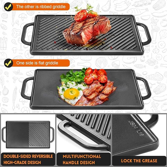 GGC Cast Iron Reversible Grill Griddle，Double Sided Grill Pan Perfect for Gas Grills and Stove Tops, 13 x 8.25 Rectangular Baking Flat and Ribbed Griddle Plate