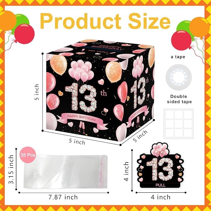 Azbuk 13th Birthday Money Box for Cash Gift, Pink Gold Surprise Birthday Gift Set