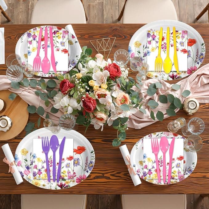 Singhoow 175 Pieces Flower Party Supplies Floral Party Tableware Set for 25 Guests Include Oval Dinner Plates Dessert Plates Napkins Paper Cups Plastic Forks Spoons Knives
