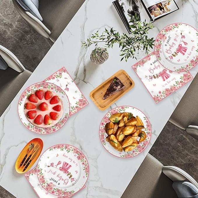 Kilyparty 40pcs Greenery Gender Reveal Baby Shower Supplies Party Boho Greency Party Decorations Tableware Set Dessert Plates Napkins for 20 Guests (Pink)