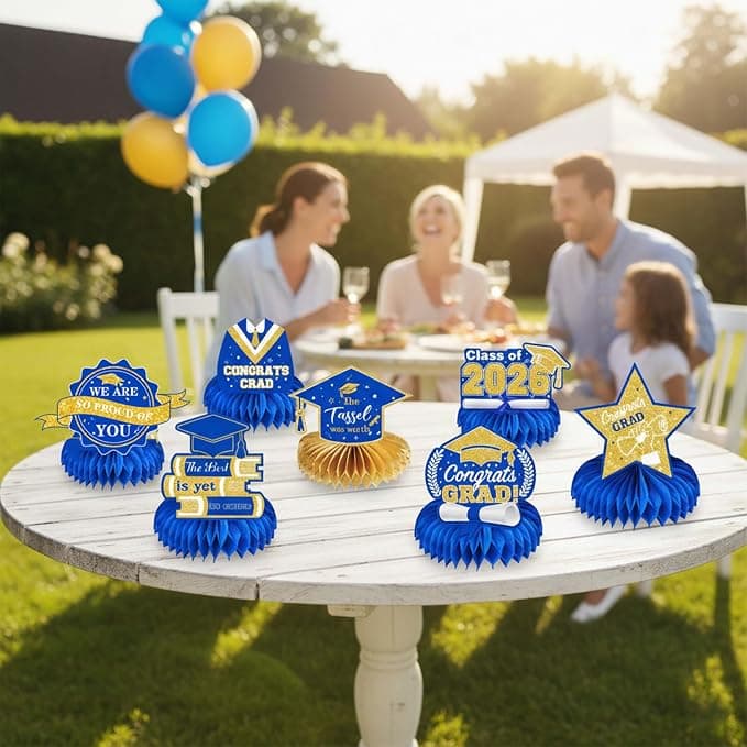 9Pcs Graduation Decorations Class of 2026 - Blue and Gold Congrats Grad Honeycomb Centerpieces, Graduation Table Toppers for 2026 College High School Graduation Party Supplies Decorations