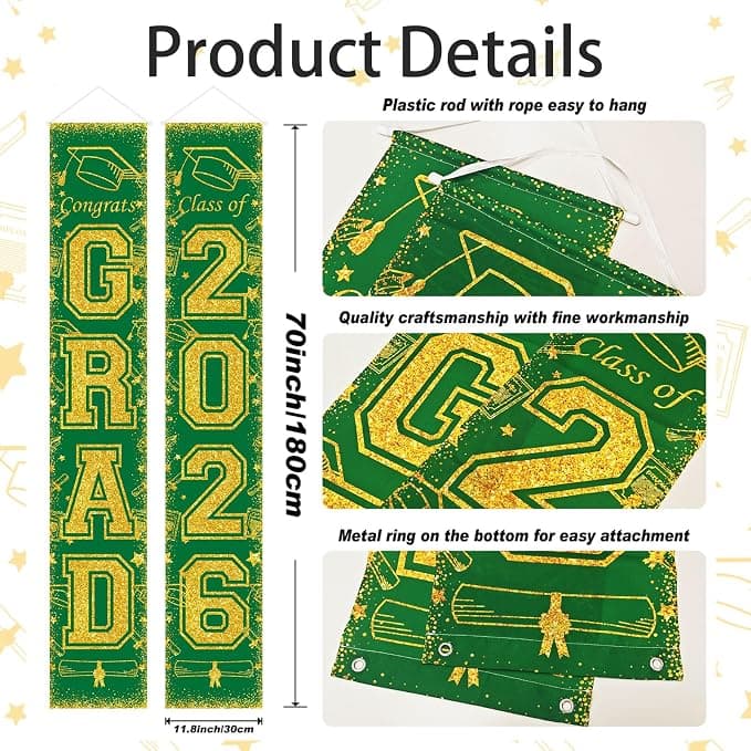 Green and Gold Class of 2026 Graduation Banner Graduation Porch Sign Congrats Grad Banner for Graduates Party Decorations Supplies