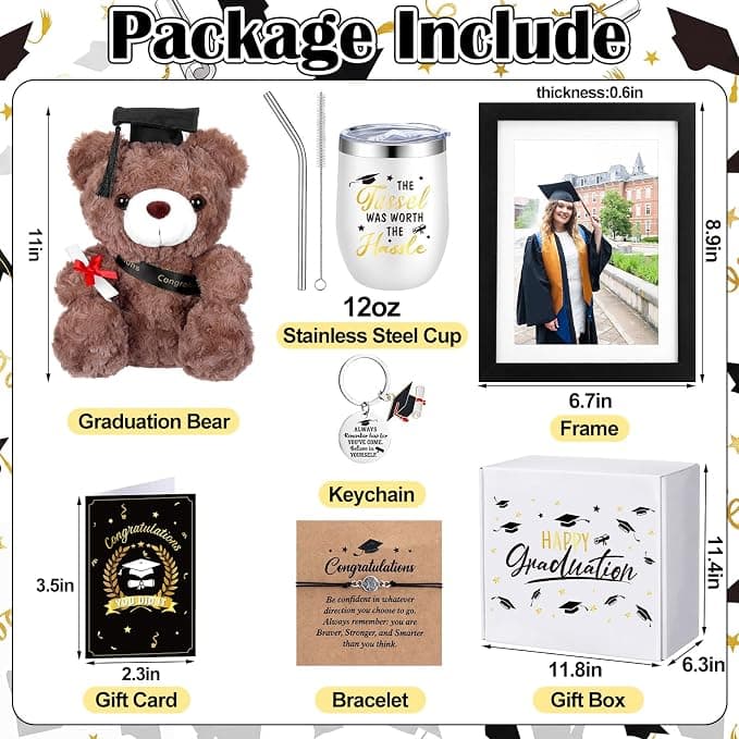 Patelai 7 Pcs Graduation Bear Set for Her Class of 2026 Graduation Gift Congrats Grad Box Gift Set Bear Compass Bracelet Photo Frame 12 oz Tumbler Keychain Card for High School College