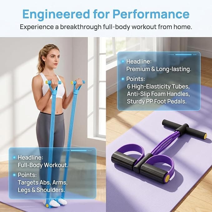 2 PackFoot Pedal Resistance Band, Blue & Purple 6-Tube Elastic Sit Up Pull Rope, Multifunctional Home Gym Equipment for Full Body Workout, Yoga, Abdomen, Waist, Arm & Leg Training for Women Men