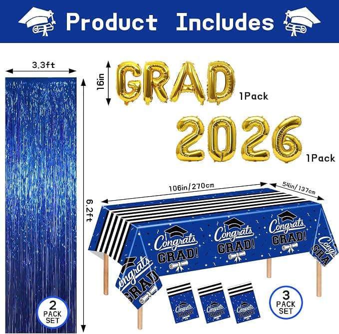 multiwins 7-Pack Graduation Party Decorations Set, 3 Blue Graduation Tablecloths 54x108in, 2026 and Grad Balloons, 2 Foil Fringe Curtains for High School College Graduation Party Photo Booth