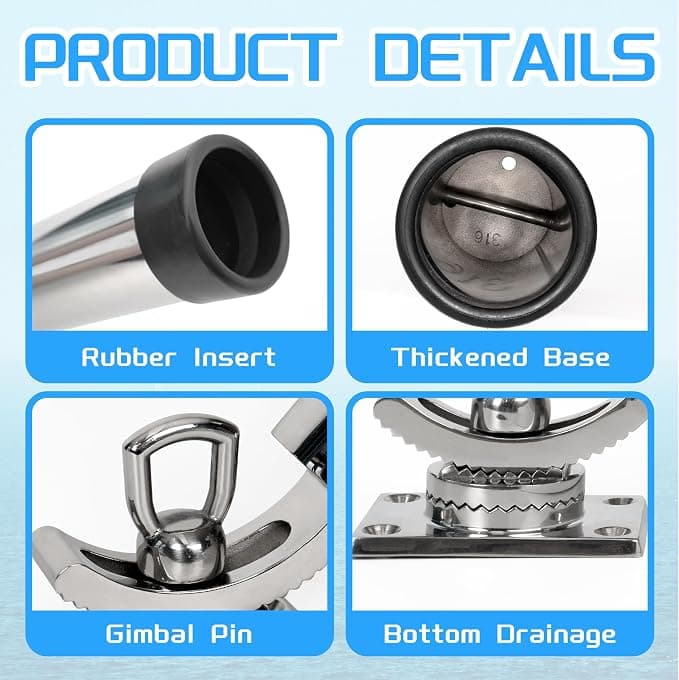 Xinkunmarine Fishing Rod Holder for Boat, 316 Stainless Steel Adjustable Fishing Pole Holder, Marine Quality Deck Mount Trolling Rod Holder for Boat Yacht