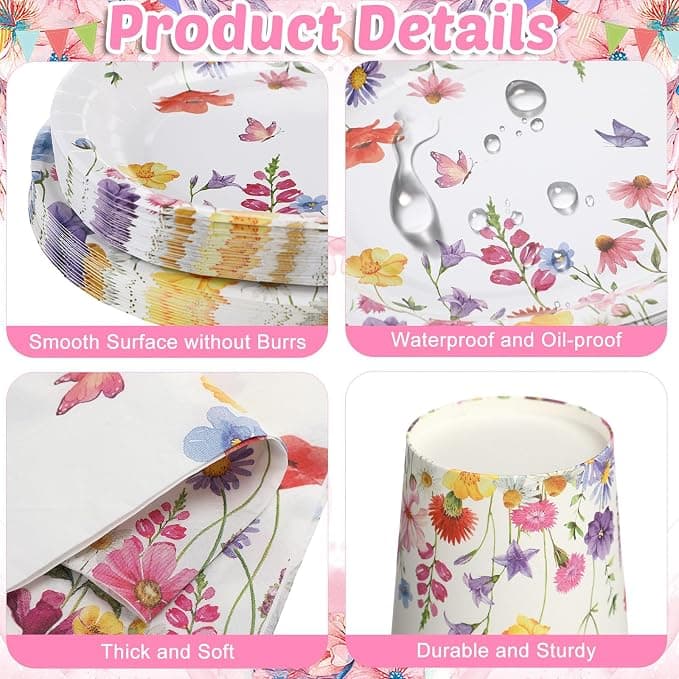 Singhoow 175 Pieces Flower Party Supplies Floral Party Tableware Set for 25 Guests Include Oval Dinner Plates Dessert Plates Napkins Paper Cups Plastic Forks Spoons Knives