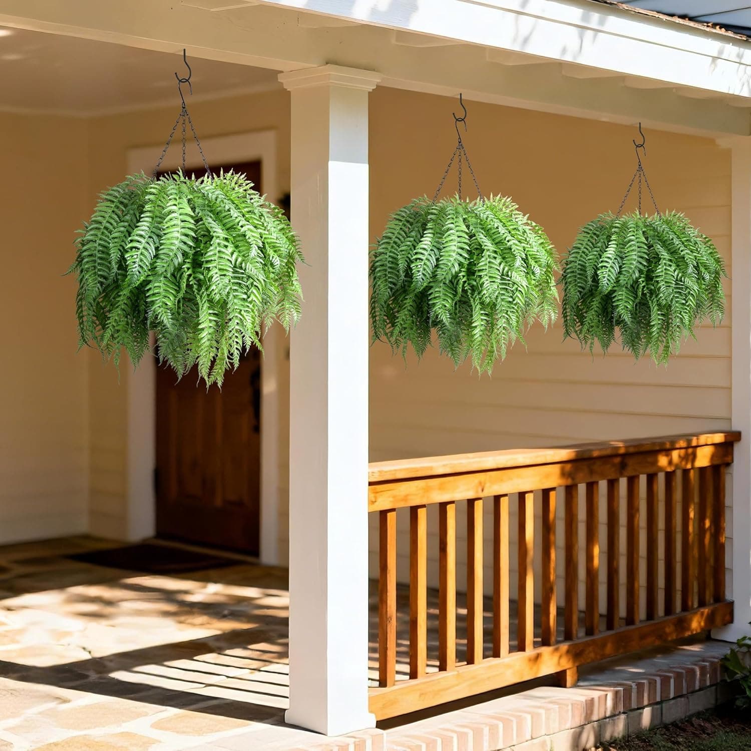 FancyPlus Artificial Hanging Plants Outdoor, UV Resistant Fake Fern Faux Greenery for Outside Planter Patio Home Garden Decor (5 Branches&1 Basket)