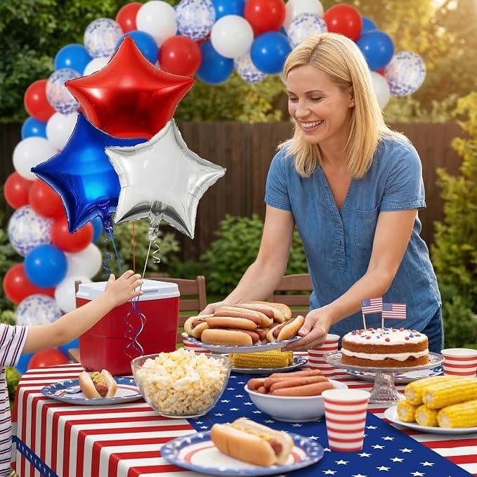 82 Pcs 4th of July Balloon Arch Garland Kit, Red White Blue Confetti Balloons Foil Fringe Backdrop USA Banner and Tablecloth, Patriotic Party Decorations for Memorial Day Labor Day