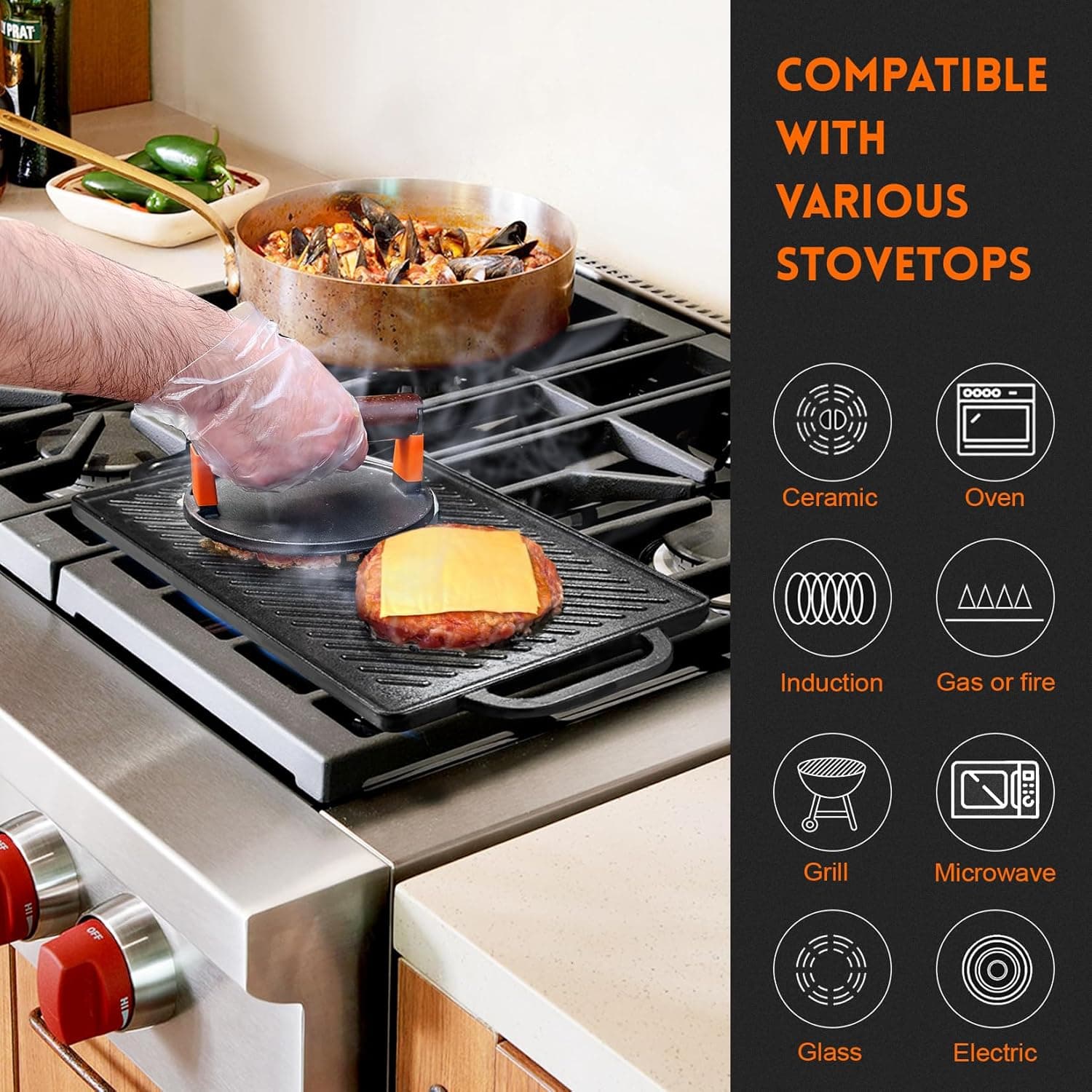 GGC Cast Iron Reversible Grill Griddle，Double Sided Grill Pan Perfect for Gas Grills and Stove Tops, 13 x 8.25 Rectangular Baking Flat and Ribbed Griddle Plate