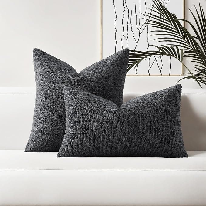 HAUSSY Pack of 2 Pillow Covers 18x18 Inch, Boucle Decorative Throw Pillows Soft Boho Neutral Cushion Covers Home Decor Modern Pillow Cases for Couch Living Room Sofa Bed, Dark Grey (Covers Only)