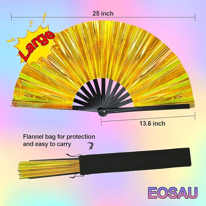 Maitys Large Rave Fan Folding Handheld Fans 13'' Clap Fans for Line Dancing Clack Fan Holographic Festival Accessory for Martial Art Gift Performance, Includes 2 Pouch(Laser Gold,2 Packs)