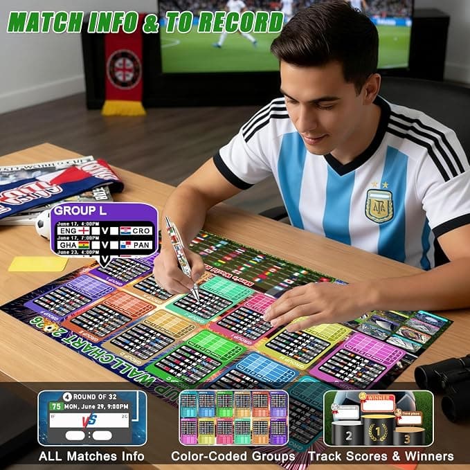 Drezesov 2026 World Cup Schedule Poster Set & 32 Countries String Flag Banner Set, A2 Size-23.4" x 16.5", 2 Pcs World Cup Merchandise 2026 Calendar Wall Chart and Fabric String Flags for Soccer Fans Gifts Home Office Bar Party Decor
