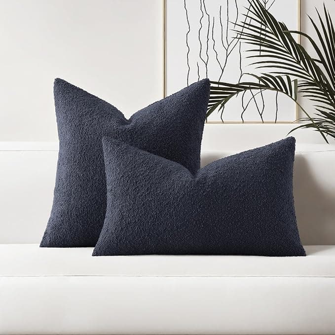 HAUSSY Pack of 2 Pillow Covers 18x18 Inch, Boucle Decorative Throw Pillows Soft Boho Neutral Cushion Covers Home Decor Modern Pillow Cases for Couch Living Room Sofa Bed, Navy Blue (Covers Only)