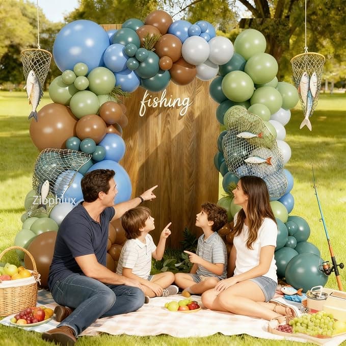 Ziophlux Gone Fishing Balloon Garland Arch Kit, 151pcs Fishing Themed Party Decorations for Birthday, Baby Shower, Father's Day, Under the Sea, with Light Blue Brown, Blue and Sage Green Balloons