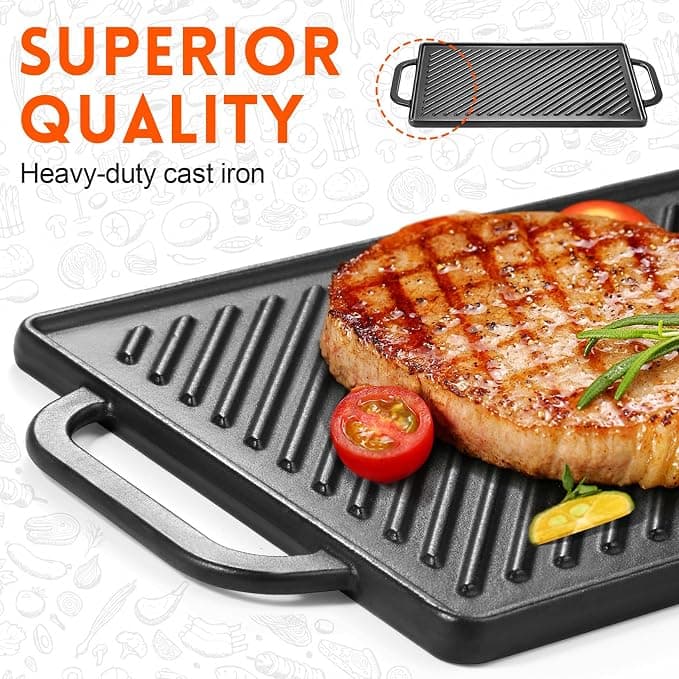 GGC Cast Iron Reversible Grill Griddle，Double Sided Grill Pan Perfect for Gas Grills and Stove Tops, 13 x 8.25 Rectangular Baking Flat and Ribbed Griddle Plate