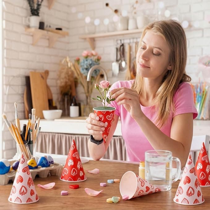 Honeydak 50 Pcs Snow Cone Cups 6 oz Disposable Paper Cone Cups, Red and White Patterned Shaved Ice Cup for Slushies, Ice Cream, Dessert Stations, Backyard Parties and Carnival Supplies