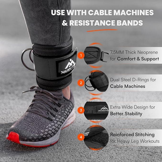 MaxOut360 Gym Ankle Straps for Cable Machines, Thick Padded Ankle Cuff Cable Attachment for Booty Workouts, Kickbacks, Hip Abductors, Lower Body Exercises