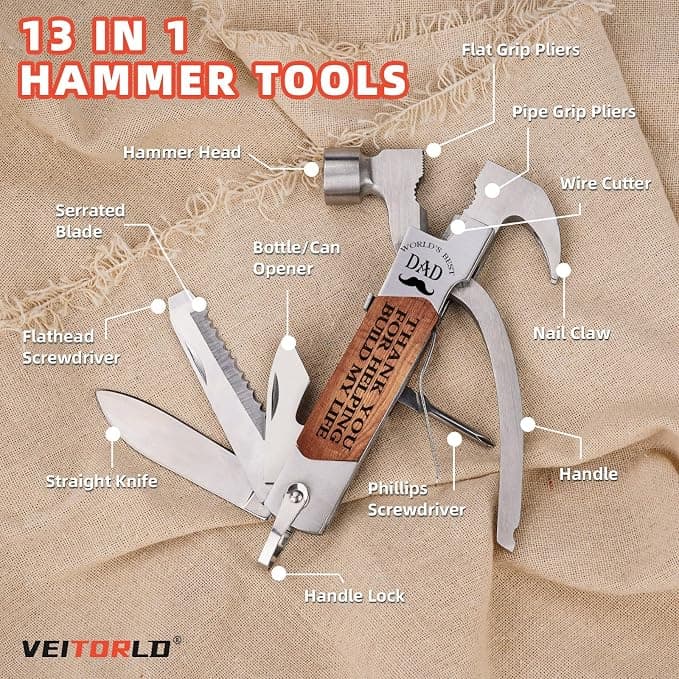 VEITORLD Gifts for Men Dad from Daughter Son Kids, Fathers Day, Unique Birthday Gift Ideas for Men Papa, All in One Tools Hammer Multitool with Engraved Wooden Box, Cool Gadgets(Dad Build My Life)