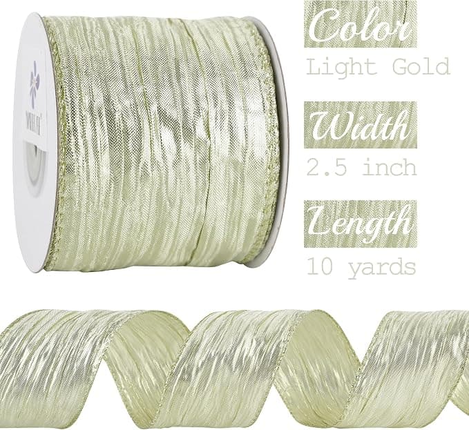 MEEDEE Gold Ribbon Metallic Wired Ribbons 2.5 Inch Metallic Gold Trim Crinkle Wired Ribbons Light Gold Ribbon for Gift Wrapping, Christmas Tree, Wreath Supplies, Large Bow Making (10 Yards)