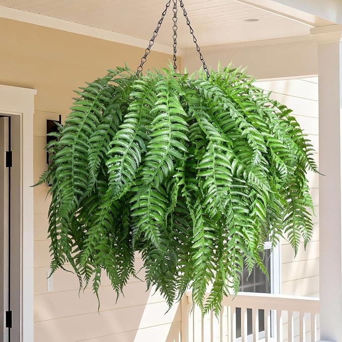 FancyPlus Artificial Hanging Plants Outdoor, UV Resistant Fake Fern Faux Greenery for Outside Planter Patio Home Garden Decor (5 Branches&1 Basket)