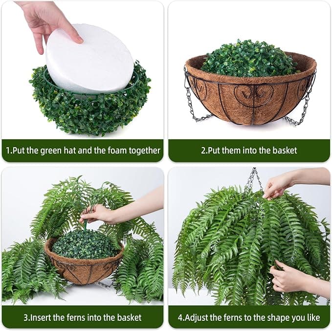 FancyPlus Artificial Hanging Plants Outdoor, UV Resistant Fake Fern Faux Greenery for Outside Planter Patio Home Garden Decor (5 Branches&1 Basket)