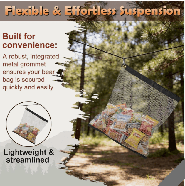 2 Pack Ultralight Rodent Proof Bear Bags, 18 x 24in Wire Mesh Hanging Food Storage for Camping & Backpacking, Critter Protection Kit Includes Nylon Rope & Carabiners for Easy Hanging