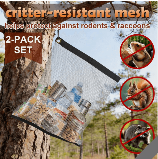 2 Pack Ultralight Rodent Proof Bear Bags, 18 x 24in Wire Mesh Hanging Food Storage for Camping & Backpacking, Critter Protection Kit Includes Nylon Rope & Carabiners for Easy Hanging