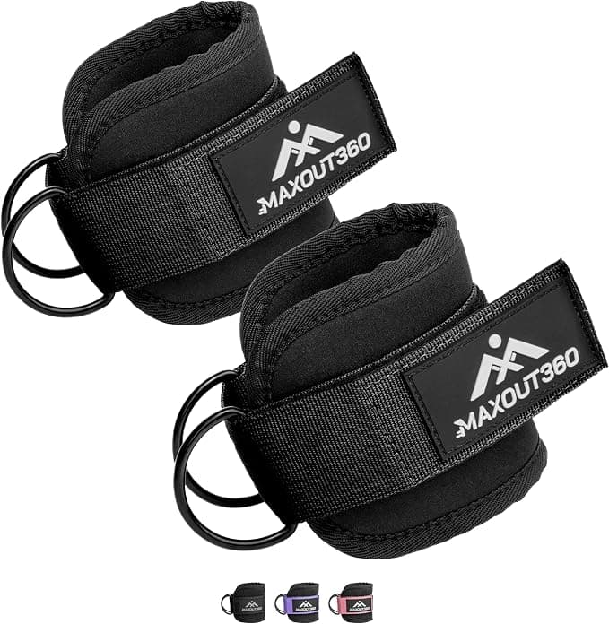 MaxOut360 Gym Ankle Straps for Cable Machines, Thick Padded Ankle Cuff Cable Attachment for Booty Workouts, Kickbacks, Hip Abductors, Lower Body Exercises