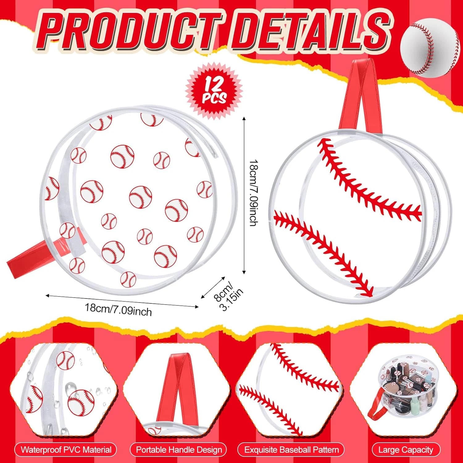 SilTriangle 24 Pcs Baseball Clear Makeup Bag with Zipper Bulk Sport Goodie Clear PVC Pouch Organizer Waterproof Travel Case for Woman Team Gifts Birthday Decorations Supplies