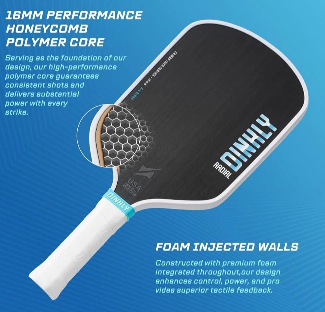 DINKLY Radial Pro Pickleball Paddle, T700 Raw Carbon Fiber Thermoformed with Foam Injected Walls, USAPA Approved Pickle Ball Racket, Engineered for Maximum Spin & Consistency (16mm Hybrid)