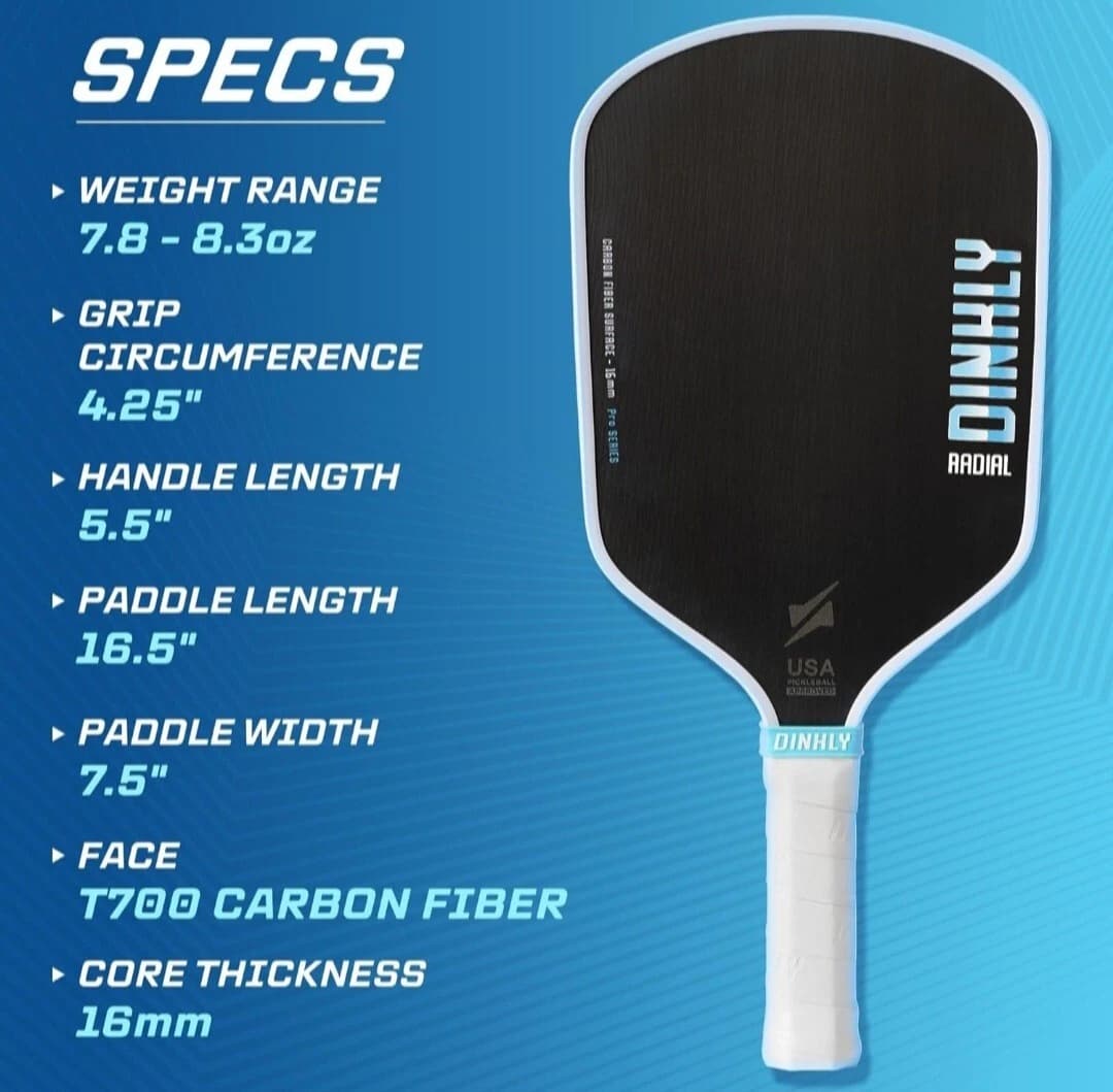 DINKLY Radial Pro Pickleball Paddle, T700 Raw Carbon Fiber Thermoformed with Foam Injected Walls, USAPA Approved Pickle Ball Racket, Engineered for Maximum Spin & Consistency (16mm Hybrid)