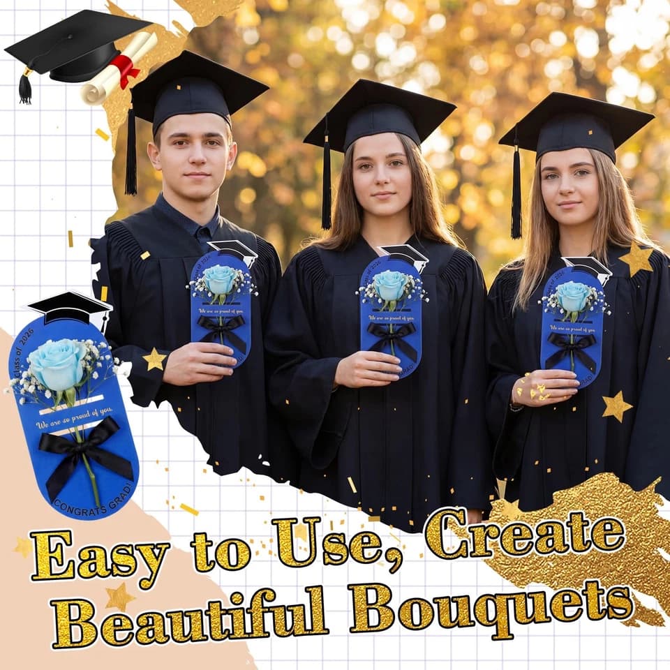 Sabary 24 Pcs Graduation Single Flower Card Sleeve Class of 2026 Fake Rose Sunflower Single Bouquet Flower Holder Wrapping Portable with Ribbon Grad Gift Packaging for College Grad High School(Blue)