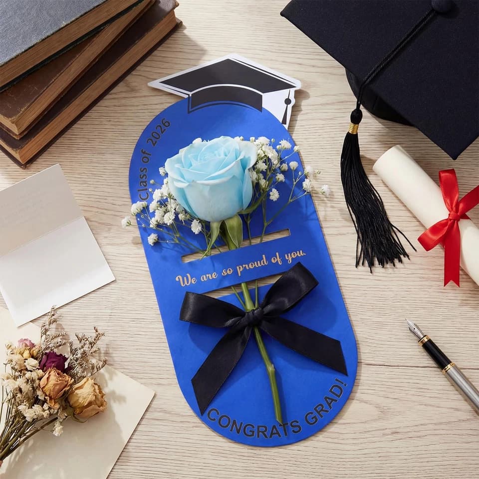 Sabary 24 Pcs Graduation Single Flower Card Sleeve Class of 2026 Fake Rose Sunflower Single Bouquet Flower Holder Wrapping Portable with Ribbon Grad Gift Packaging for College Grad High School(Blue)