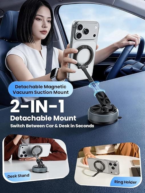 Magnetic Car Phone Mount, 2 in 1 Detachable Ring Stand for Desk & Dashboard, 360° Adjustable Alloy Suction Cup Phone Holder, Includes 2 Metal for iPhone 17 16 15 14 13 12 Series - Gray