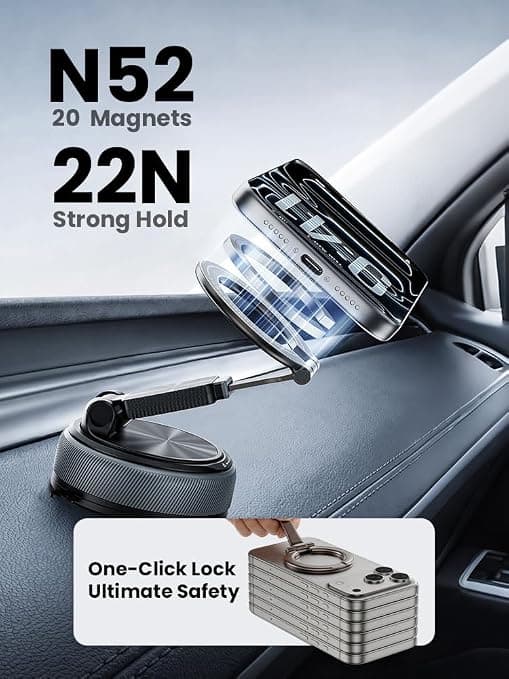 Magnetic Car Phone Mount, 2 in 1 Detachable Ring Stand for Desk & Dashboard, 360° Adjustable Alloy Suction Cup Phone Holder, Includes 2 Metal for iPhone 17 16 15 14 13 12 Series - Gray
