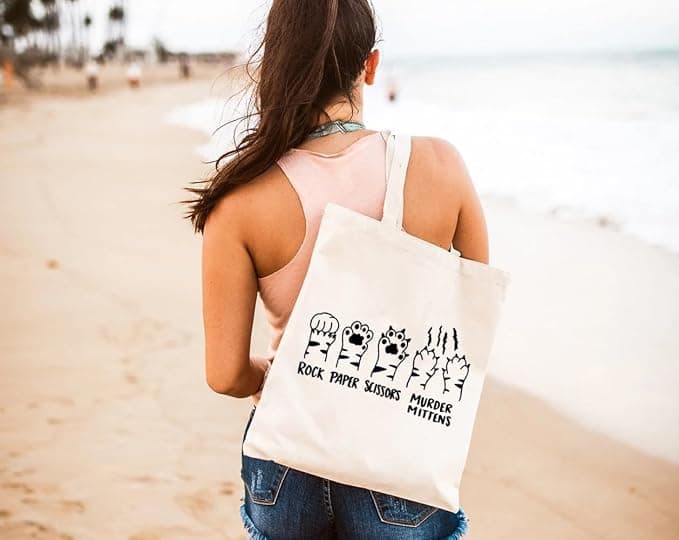 Cat Paw Canvas Tote Bag for Women Rock Paper Scissors Murder Mittens Reusable Grocery Shoulder Bag Animal Lover Gifts
