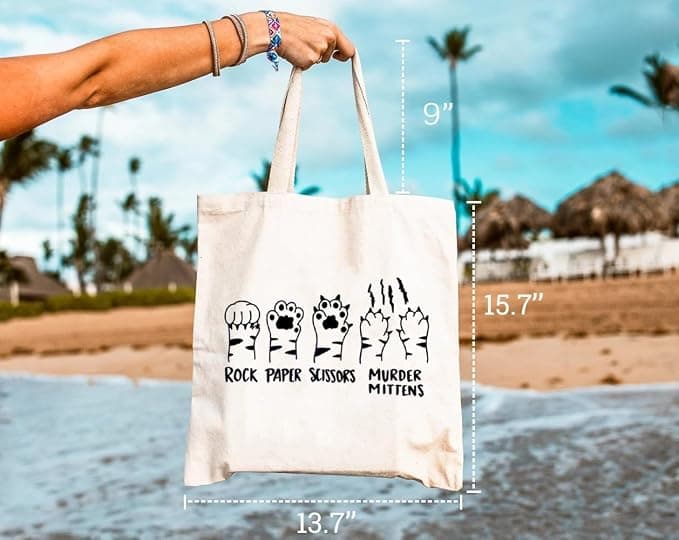 Cat Paw Canvas Tote Bag for Women Rock Paper Scissors Murder Mittens Reusable Grocery Shoulder Bag Animal Lover Gifts