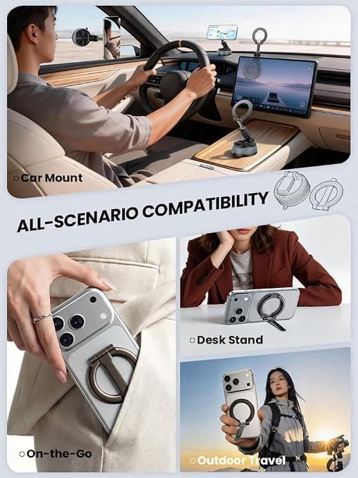 Magnetic Car Phone Mount, 2 in 1 Detachable Ring Stand for Desk & Dashboard, 360° Adjustable Alloy Suction Cup Phone Holder, Includes 2 Metal for iPhone 17 16 15 14 13 12 Series - Gray