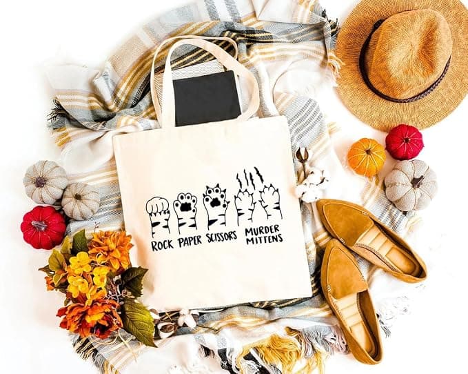 Cat Paw Canvas Tote Bag for Women Rock Paper Scissors Murder Mittens Reusable Grocery Shoulder Bag Animal Lover Gifts