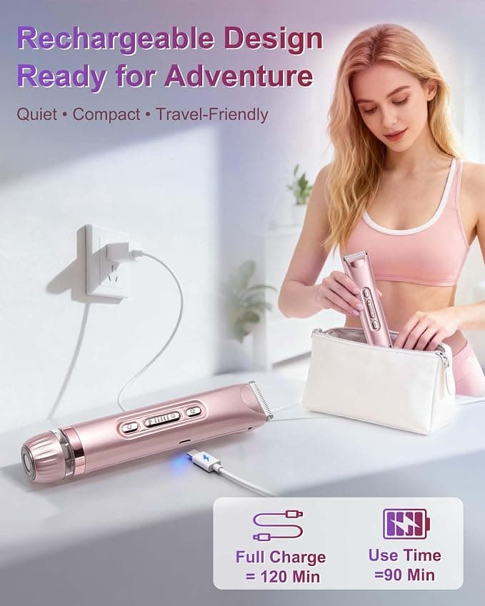 Bikini Trimmer for Women- IPX7 Waterproof Electric Shaver, Painless & Flawless LED Light Electric Razors for Women for for Face, Bikini, Body, Leg, USB Rechargeable Facial Hair Removal Pink