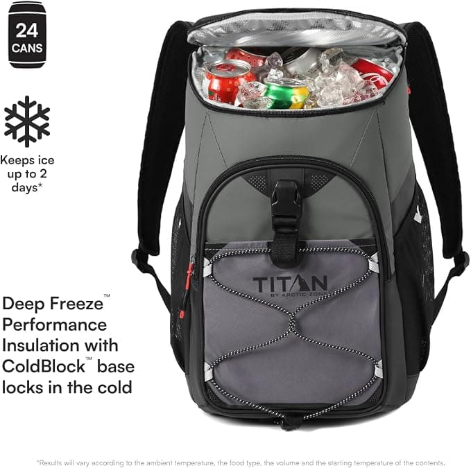 Titan 24 Can Backpack Cooler, Keeps Ice Up to 2 Days | Lightweight soft cooler, leak proof lining, adjustable padded straps, water and stain repellent exterior, for hiking, camping