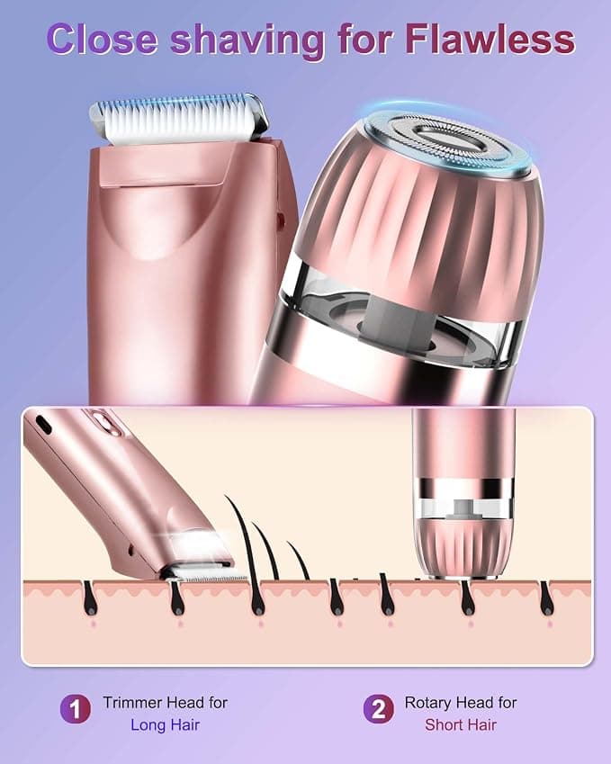 Bikini Trimmer for Women- IPX7 Waterproof Electric Shaver, Painless & Flawless LED Light Electric Razors for Women for for Face, Bikini, Body, Leg, USB Rechargeable Facial Hair Removal Pink