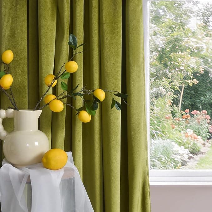 Roslynwood Olive Green Velvet Curtain 84 inch Long - Curtains Block Light Thermal Insulated Rod Pocket Window Drapes Set for Bedroom/Living Room, Olive Green, W52 x L84 inch, 2 Panels