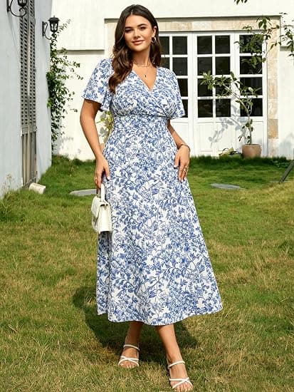 RWJ Plus Size Dresses for Women 2026 Summer Floral Wrap V Neck Maxi Dress | Short Sleeve, Long Flowy, Pockets, A Line, Boho, Lightweight, Casual, Beach Vacation Dress, Spring, Formal, Wedding Guest XXL