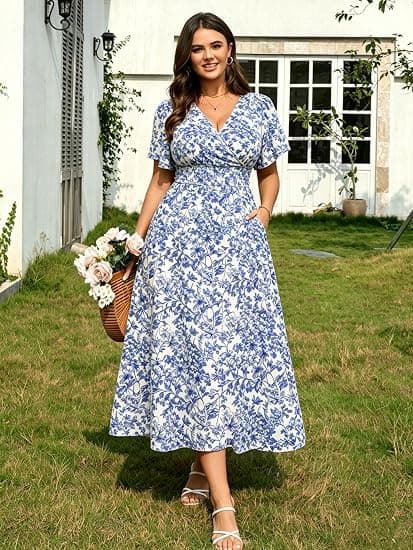 RWJ Plus Size Dresses for Women 2026 Summer Floral Wrap V Neck Maxi Dress | Short Sleeve, Long Flowy, Pockets, A Line, Boho, Lightweight, Casual, Beach Vacation Dress, Spring, Formal, Wedding Guest XXL