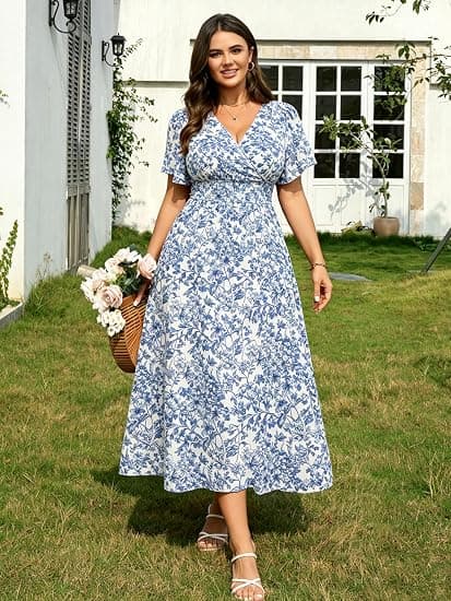 RWJ Plus Size Dresses for Women 2026 Summer Floral Wrap V Neck Maxi Dress | Short Sleeve, Long Flowy, Pockets, A Line, Boho, Lightweight, Casual, Beach Vacation Dress, Spring, Formal, Wedding Guest XXL