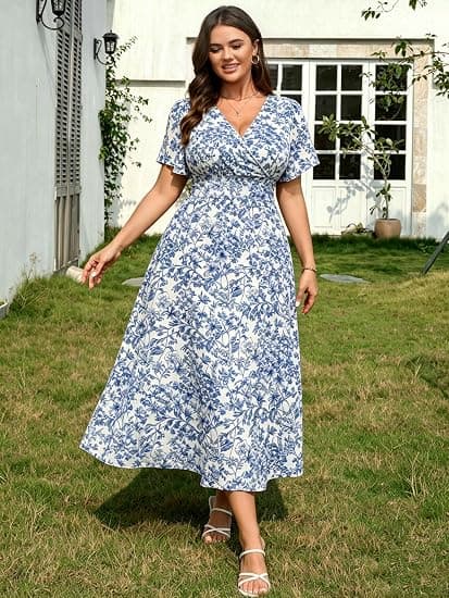 RWJ Plus Size Dresses for Women 2026 Summer Floral Wrap V Neck Maxi Dress | Short Sleeve, Long Flowy, Pockets, A Line, Boho, Lightweight, Casual, Beach Vacation Dress, Spring, Formal, Wedding Guest XXL